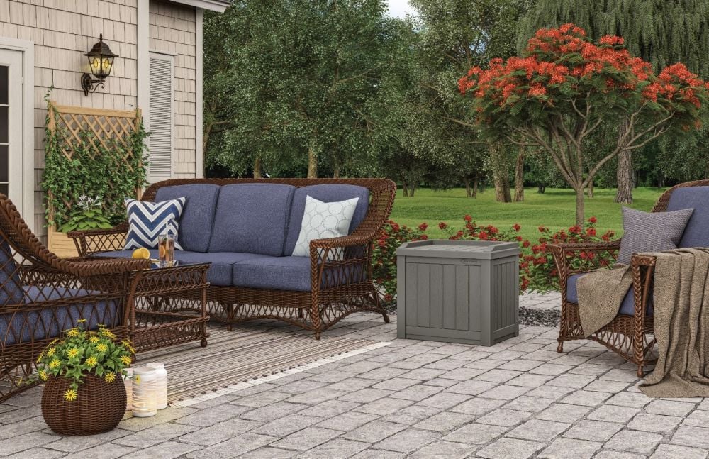 Suncast 22 Gallon Small Deck Box with Storage Seat, Stoney, large image number 3