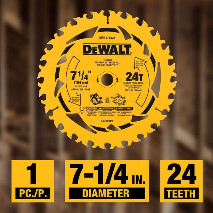 DEWALT 7-1/4 Inch Circular Saw Blade 24 Tooth with 5/8 Inch Arbor, large image number 2