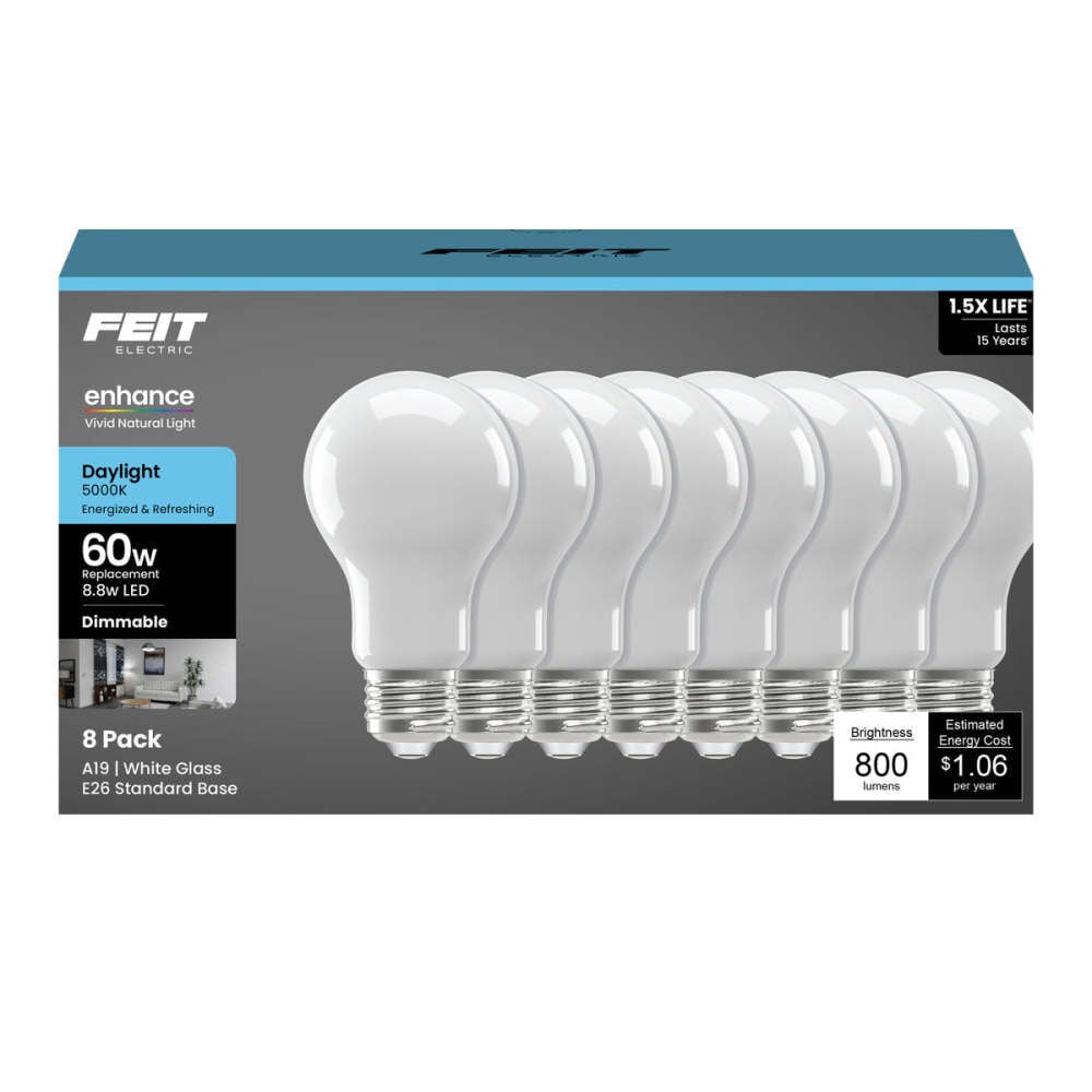 Feit Electric 8.8W 800 Lumens A19 E26 Base LED Bulb Soft White Frosted 8 Pieces – 3018706
