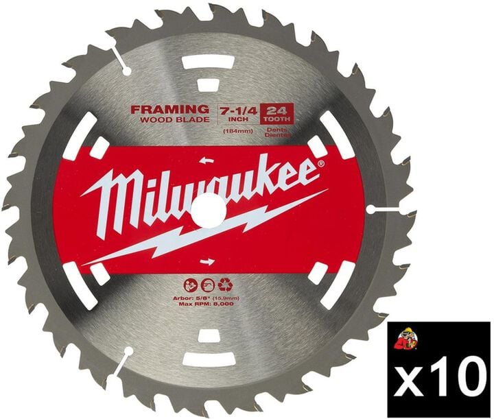 Milwaukee 7-1/4 Inch 24T Pack of 10 Basic Framer Circular Saw Blades, large image number 0