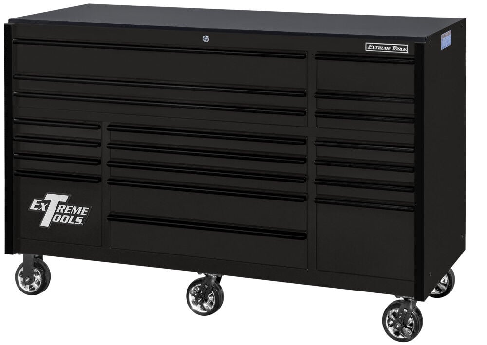 Extreme Tools RX Series 72 Inch W x 25 Inch D 19 Drawer Triple Bank Roller Cabinet 150 lbs Slides with Drawer Pulls – RX722519RCMBBK-X