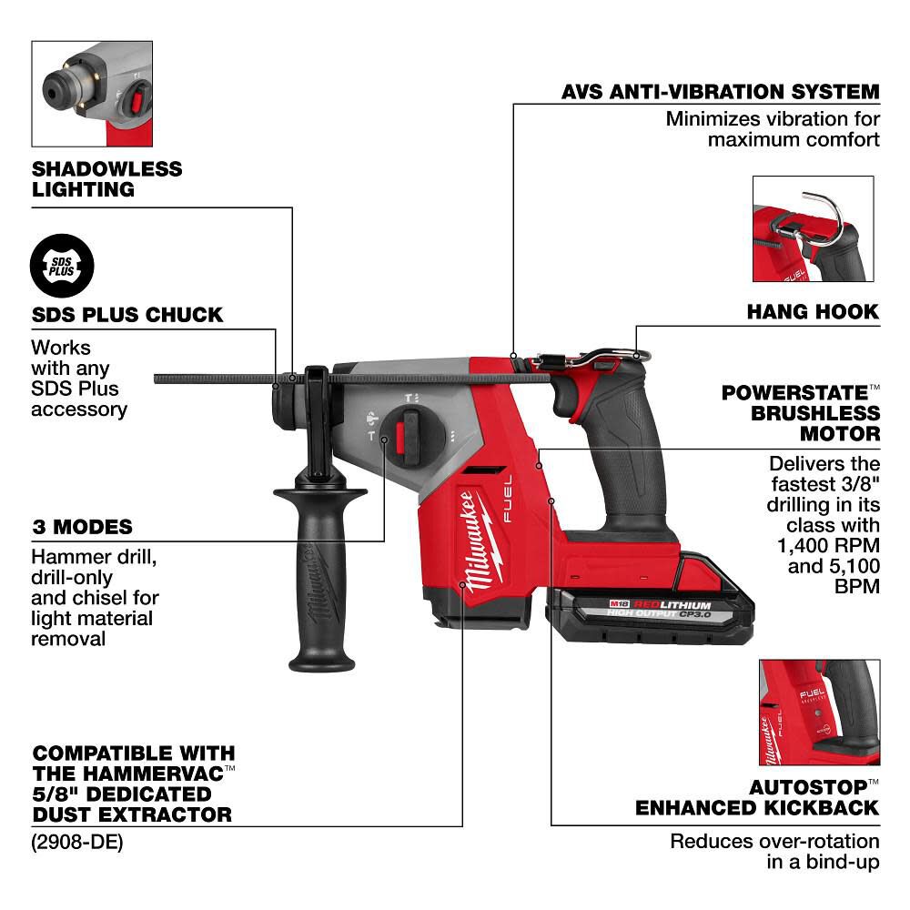 Milwaukee M18 Fuel 5 8 Inch Sds Plus Rotary Hammer With Dust Extractor Kit 2908 22de - Image 4