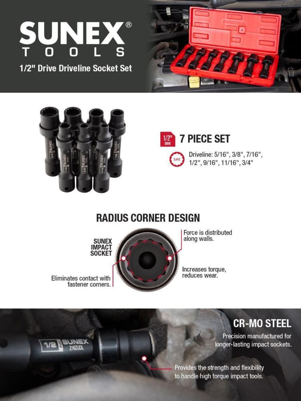 Sunex 7 pc. 1/2 In. Drive 12 Pt. SAE Driveline Limited Clearance Impact Socket Set, large image number 10