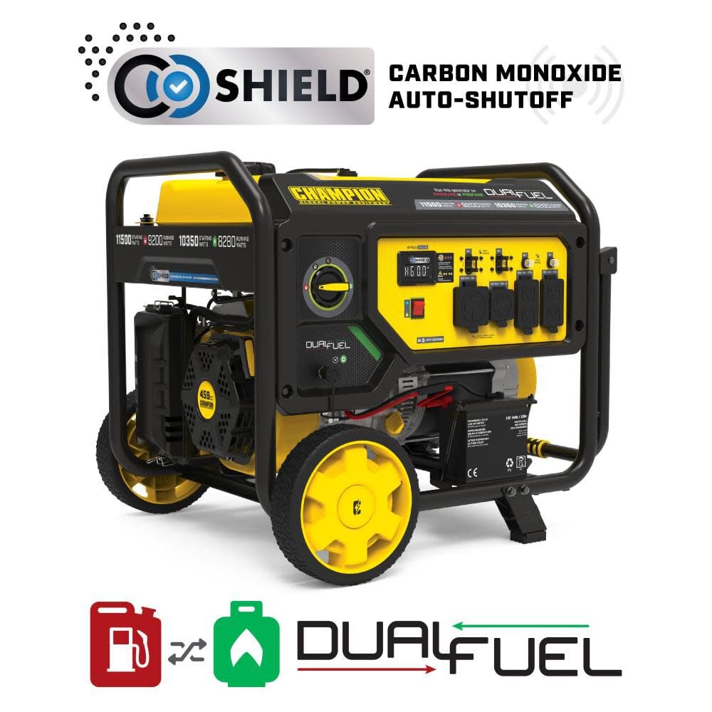 Champion Power Equipment 11, 500 Watt Dual Fuel Portable Generator with CO Shield – 201302