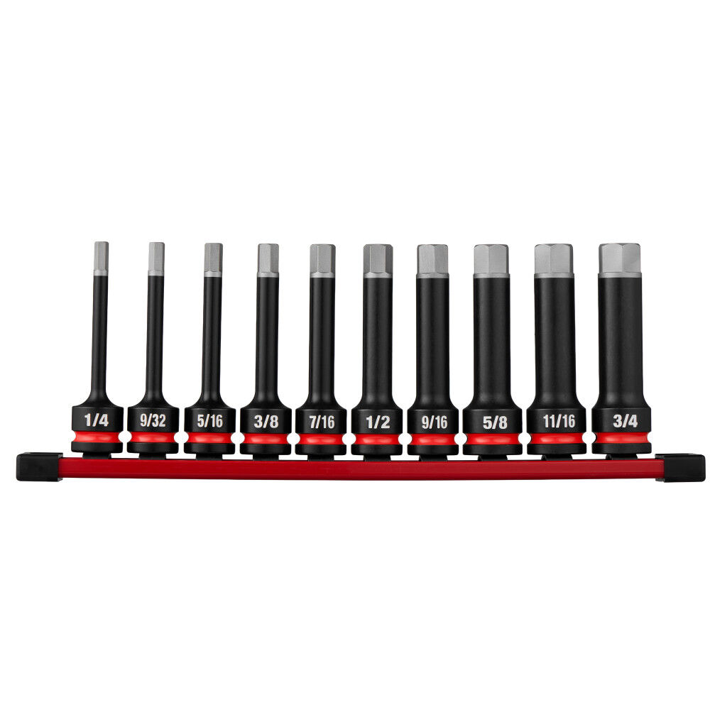 Milwaukee SHOCKWAVE Impact Duty 1/2 Inch Drive 4 Inch Hex SAE Bit Socket Set 10 Pieces - 49-66-7259