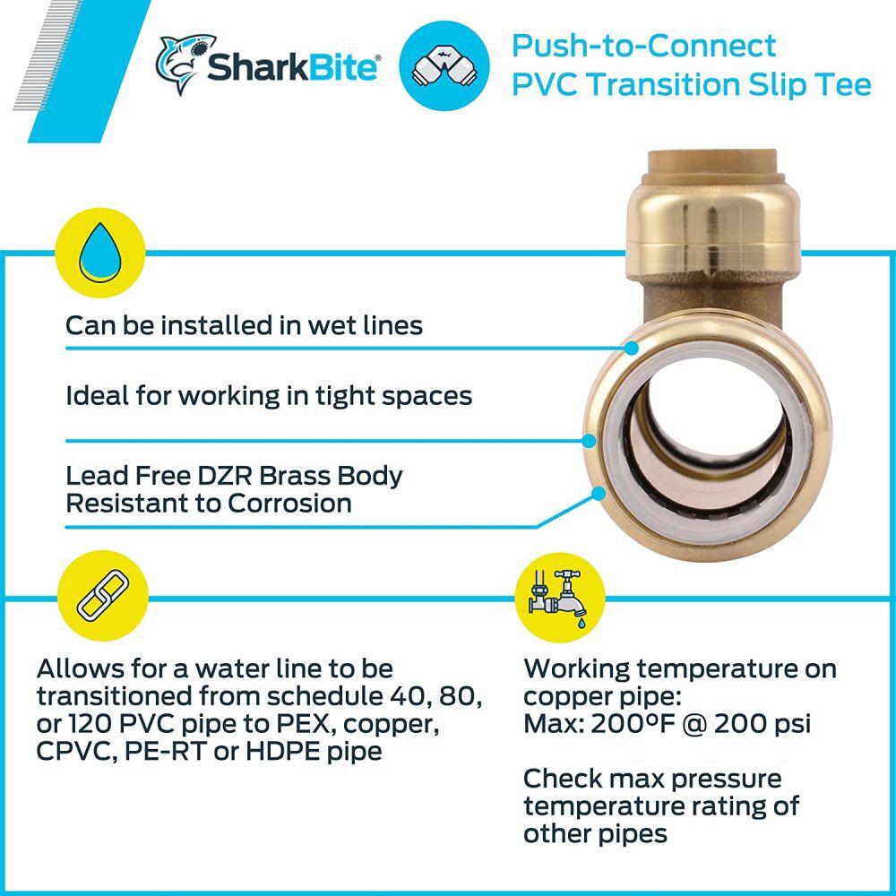 Sharkbite 1/2 x 1/2 x 1/2in Push to Connect Transition Slip Tee, large image number 4
