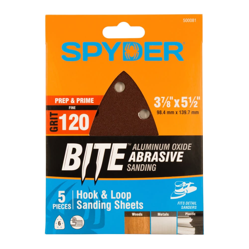 Spyder Detail Sander Sheets, 120 Grit Alum Oxide, 3-7/8 Inch Mouse, 5 Pieces, large image number 1