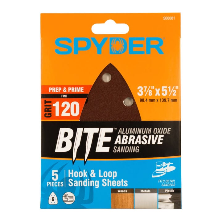 Spyder Detail Sander Sheets, 120 Grit Alum Oxide, 3-7/8 Inch Mouse, 5 Pieces