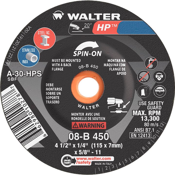 Walter 4-1/2 Inch HP Grinder Wheel, 1/4 Inch Thick
