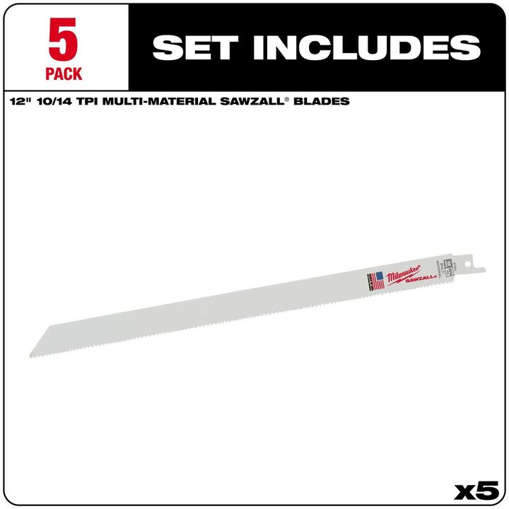 Milwaukee 12 in. 10/14 TPI SAWZALL Blades 5PK, large image number 1