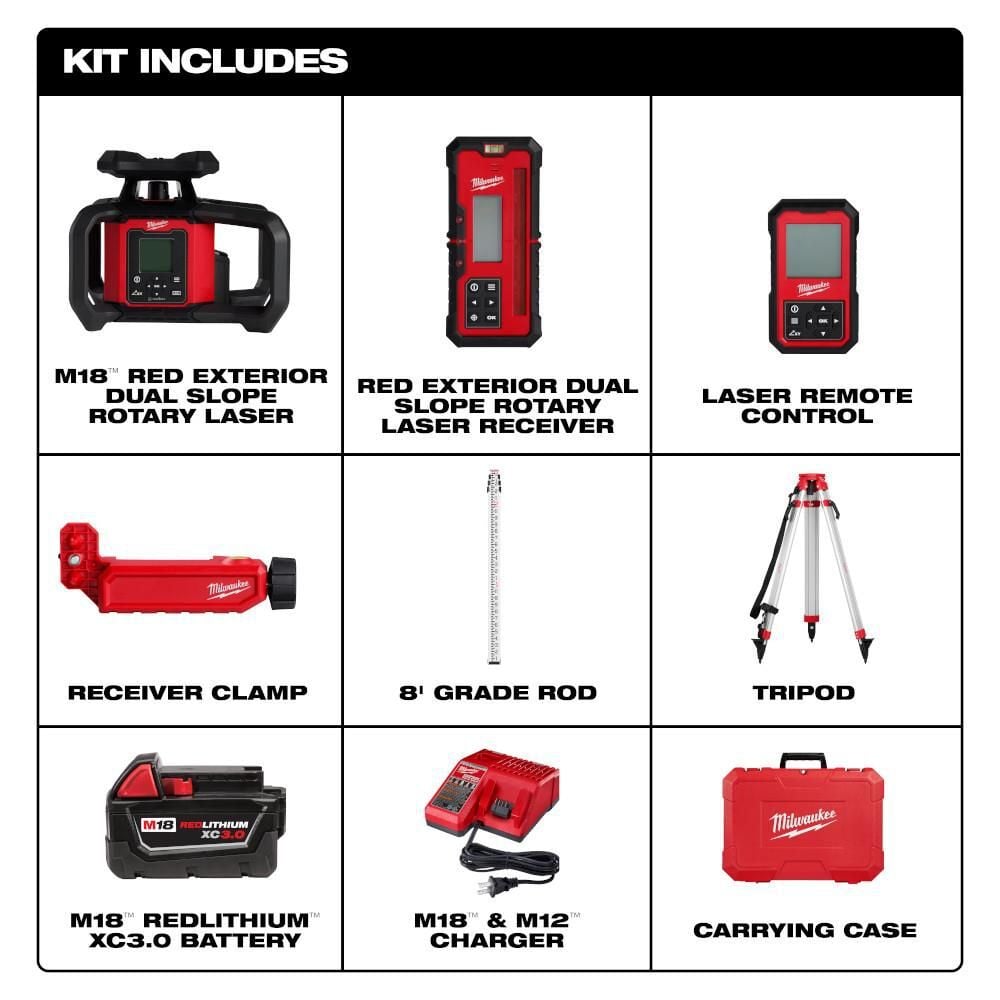 Milwaukee M18 Red Exterior Dual Slope Rotary Laser Level Kit with Receiver, Remote, Grade Rod & Tripod, large image number 3