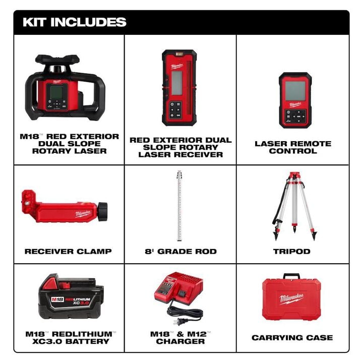 Milwaukee M18 Red Exterior Dual Slope Rotary Laser Level Kit with Receiver, Remote, Grade Rod & Tripod, large image number 2