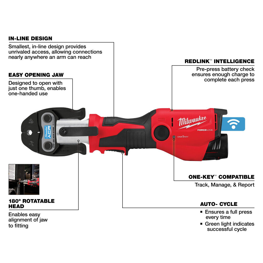 Milwaukee M12 FORCE LOGIC Press Tool Kit with ONE KEY with 3/8 Inch, 3/4 Inch, & 7/8 Inch Streamline ACR Press Jaws, large image number 5