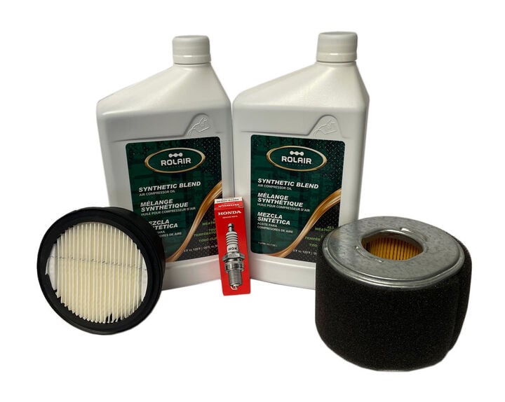 Rolair 2-Stage Gas Compressor Maintenance Kit with Two Filter Elements, Two 34 Oz Oil, and One Spark Plug