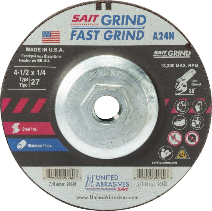 United Abrasives A24N Fast Type 27 Grinding Wheel 4 1/2 Inch x 1/4 Inch x 5/8-11 Inch with Super-Lock Hub
