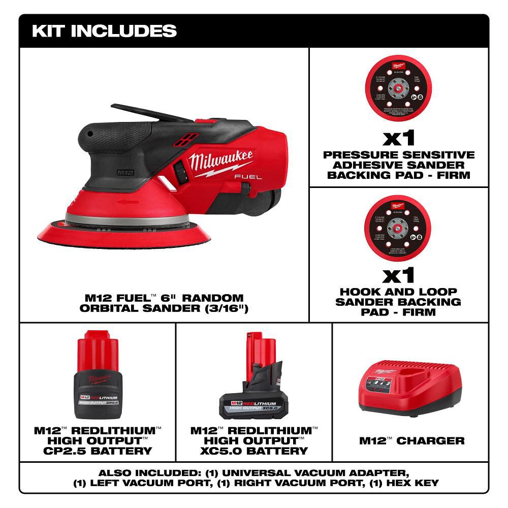 Milwaukee M12 FUEL 6 Inch Random Orbital Sander Kit 3 16 Inch 2585 22CX Acme Tools