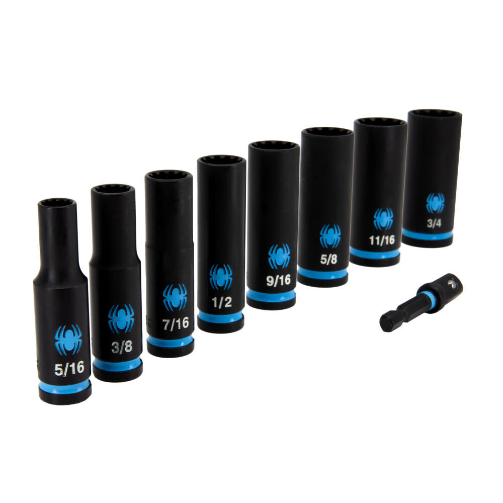 Spyder 3/8 Inch Drive Deep Thin-Walled SAE Impact Socket Set with Adapter, 9 Pieces, large image number 1