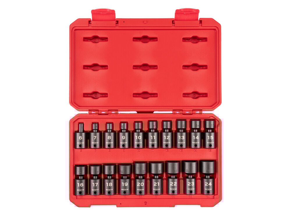 Tekton 3/8 Inch dr Universal Joint Impact Socket Set, Case, 19 Pieces 6-24 mm - SID97302
