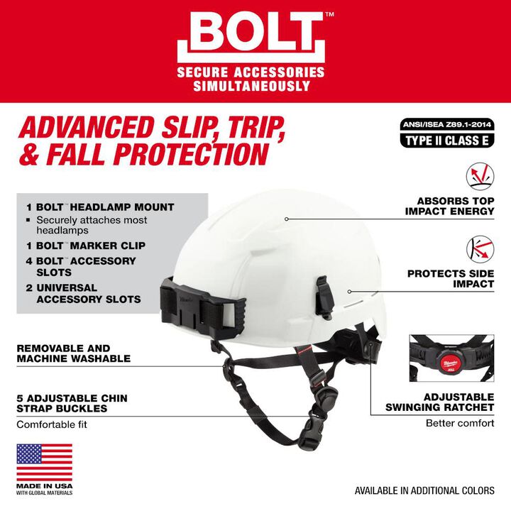 Milwaukee BOLT White Safety Helmet with IMPACT ARMOR Liner (USA)-Type 2, Class E, large image number 2