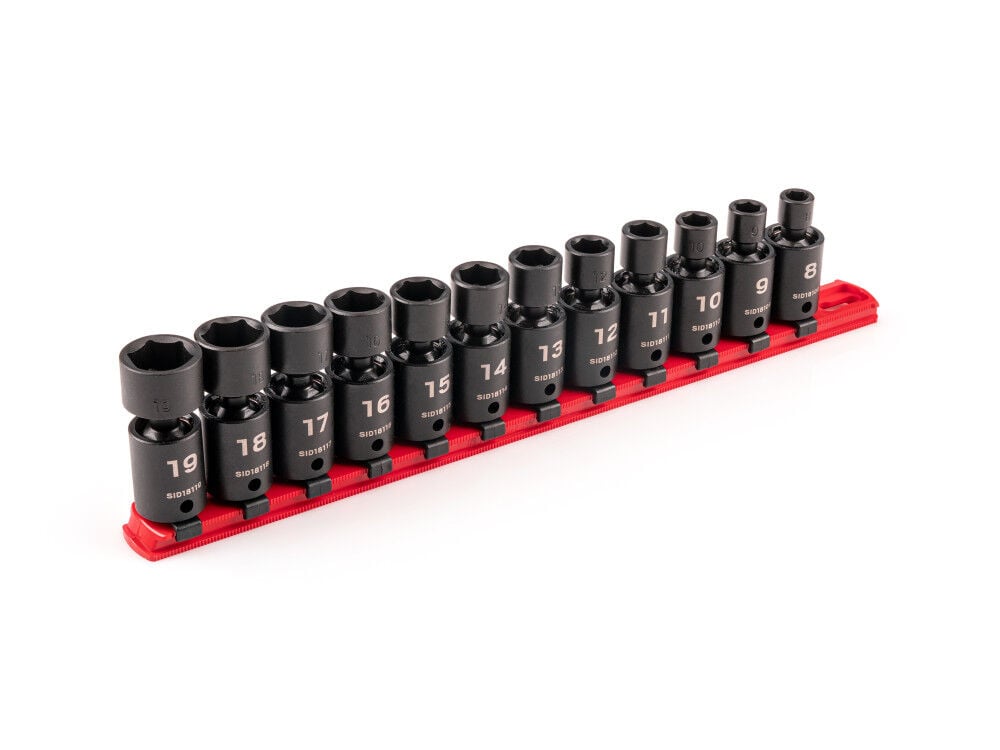 Tekton 3/8 in dr Universal Joint Impact Socket Set, Rail, 12 Pieces 8-19 mm - SID97102