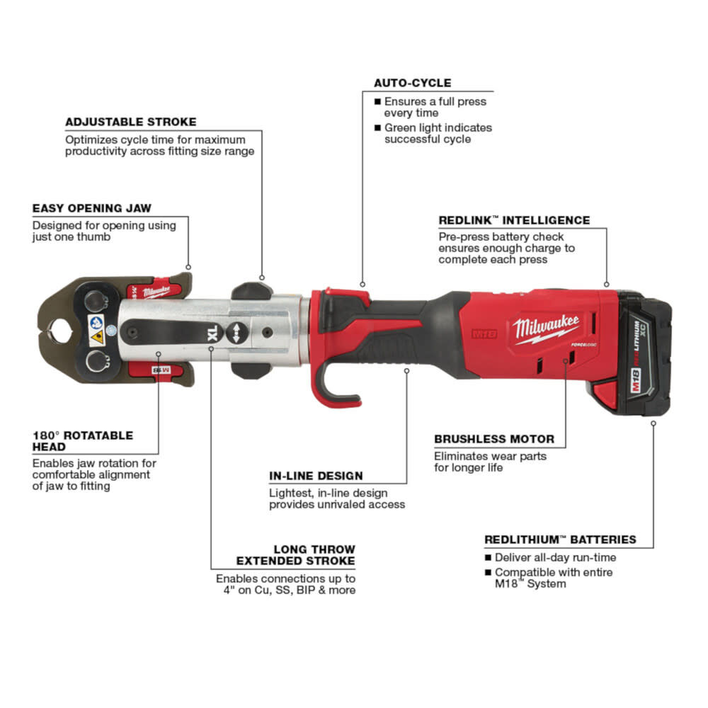 Milwaukee M18 FORCE LOGIC Long Throw Press Tool Kit with 2-1/2 Inch - 4 Inch NIBCO Press Ring Kit Bundle, large image number 5