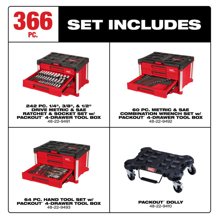 Milwaukee Master Mechanics Hand Tool Set with PACKOUT Drawers and Dolly, 366 Pieces, large image number 1