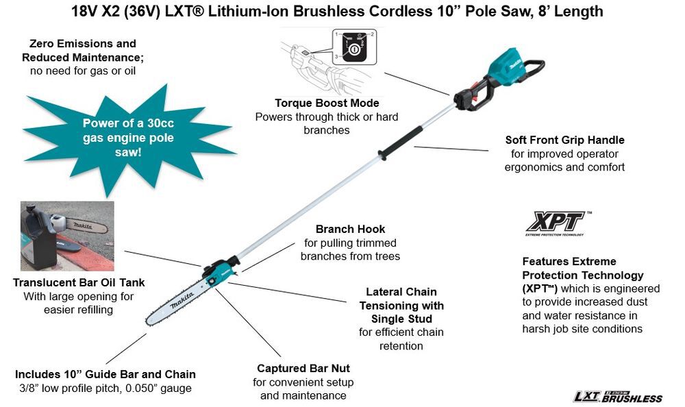 Makita 18V X2 (36V) LXT Pole Saw 10in Brushless 8' Length (Bare Tool), large image number 2