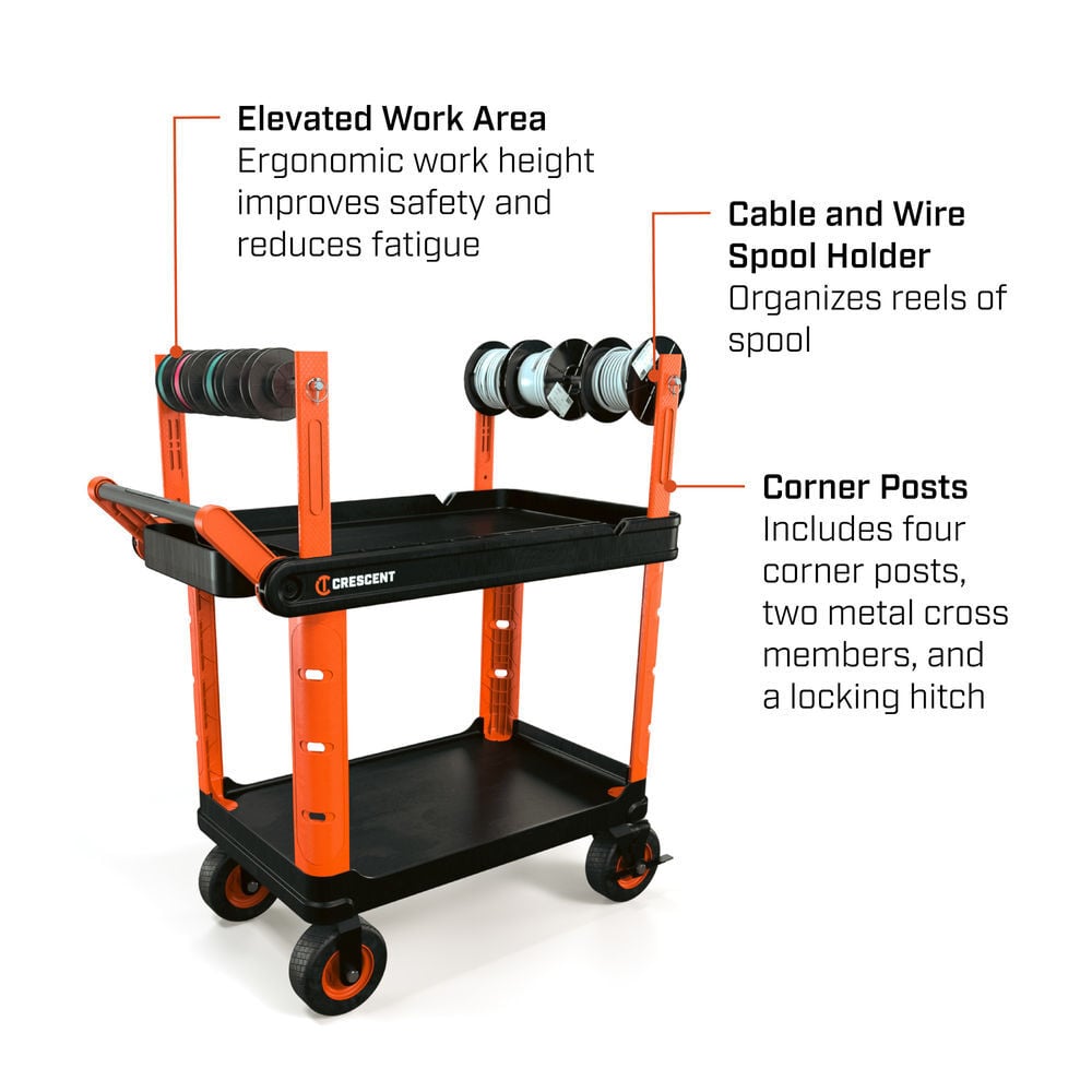 Crescent RAILWORKS 2 Shelf Industrial Utility Cart with 5 Inch Hard Casters and Electrician Wire Spool Corner Posts, large image number 3