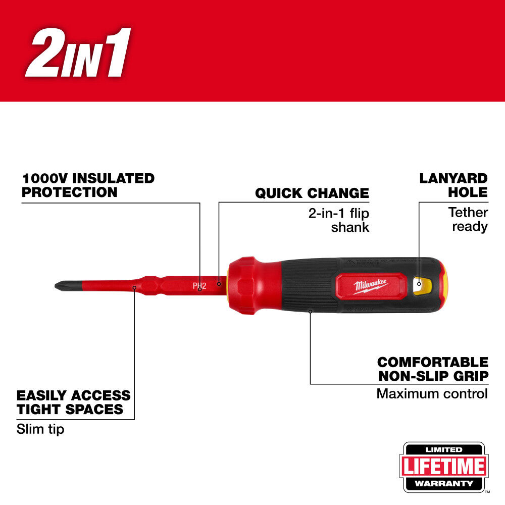 Milwaukee 2 in 1 1000V Insulated Flip Shank Multi-Bit Screwdriver, large image number 3