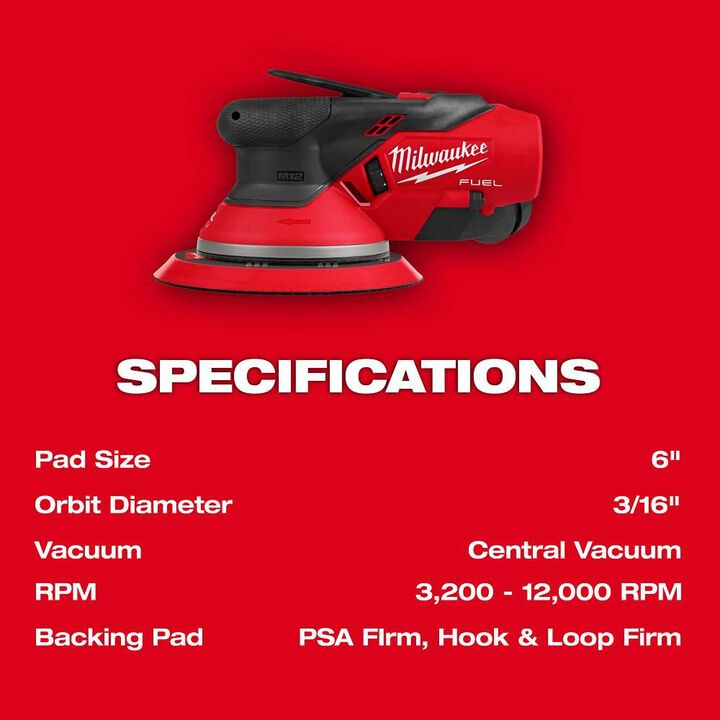 Milwaukee M12 FUEL 6 Inch Random Orbital Sander, 3/16 Inch (Bare Tool), large image number 4