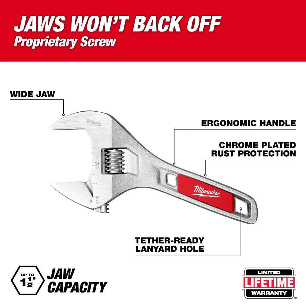 Milwaukee 6 Inch Wide Jaw Adjustable Wrench, large image number 3
