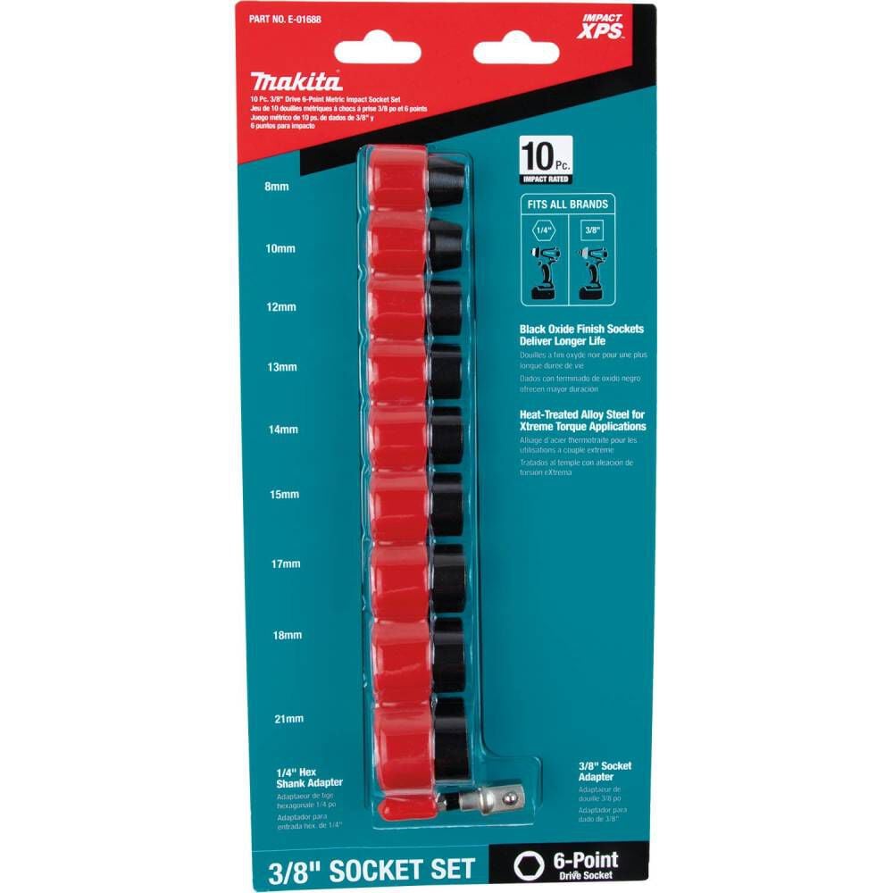 Makita Impact XPS 10 Piece 3/8 Inch Drive 6-Point Metric Impact Socket Set with Standard Socket Adapter, large image number 2