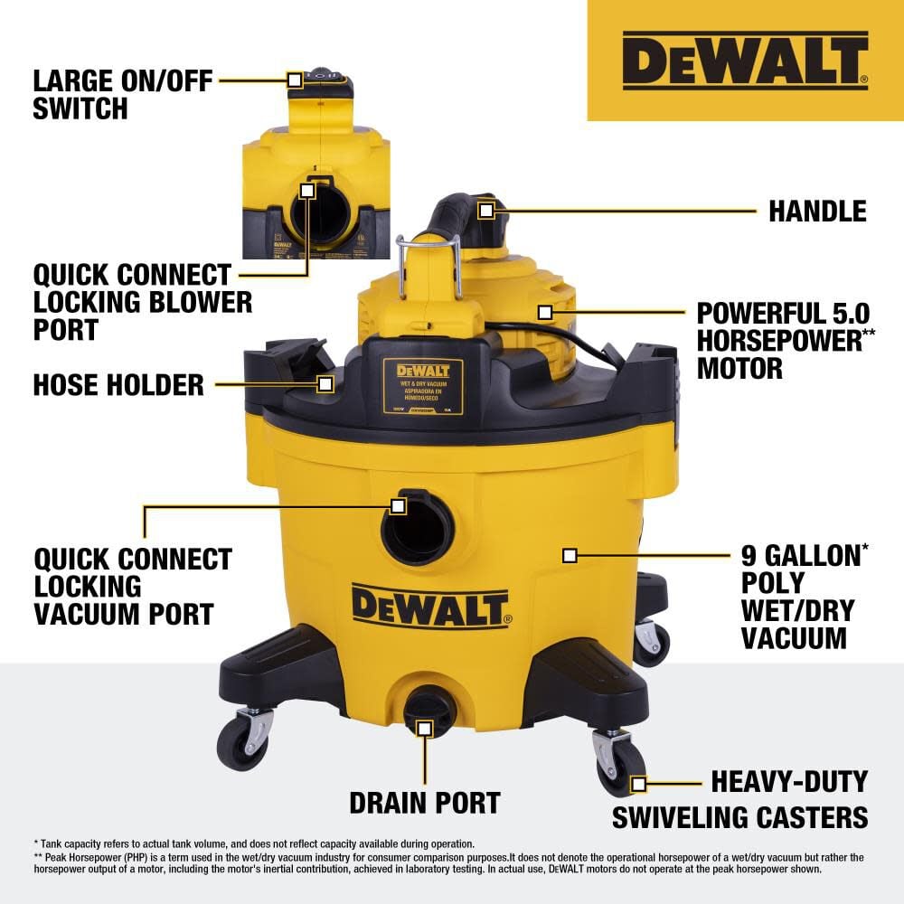 DEWALT 9 Gallon 5-Peak HP Wet/Dry Vacuum with Detachable Blower, Filters, and Accessories, large image number 2
