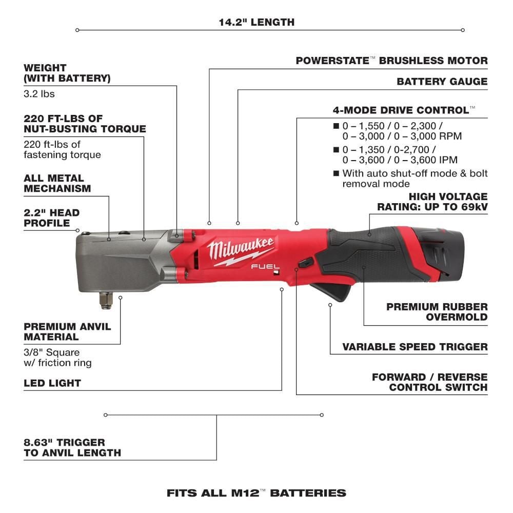 Milwaukee M12 FUEL 3/8inch Right Angle Impact Wrench Kit, large image number 8