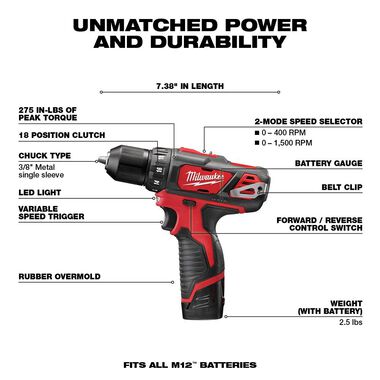 Milwaukee M12 3/8 in. Drill/Driver Kit, large image number 2