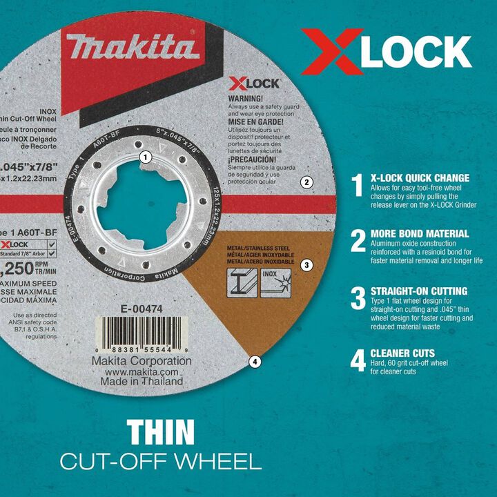 Makita X-LOCK 5in x .045in x 7/8in Type 1 General Purpose 60 Grit Thin CutOff Wheel for Metal and Stainless Steel Cutting, large image number 3