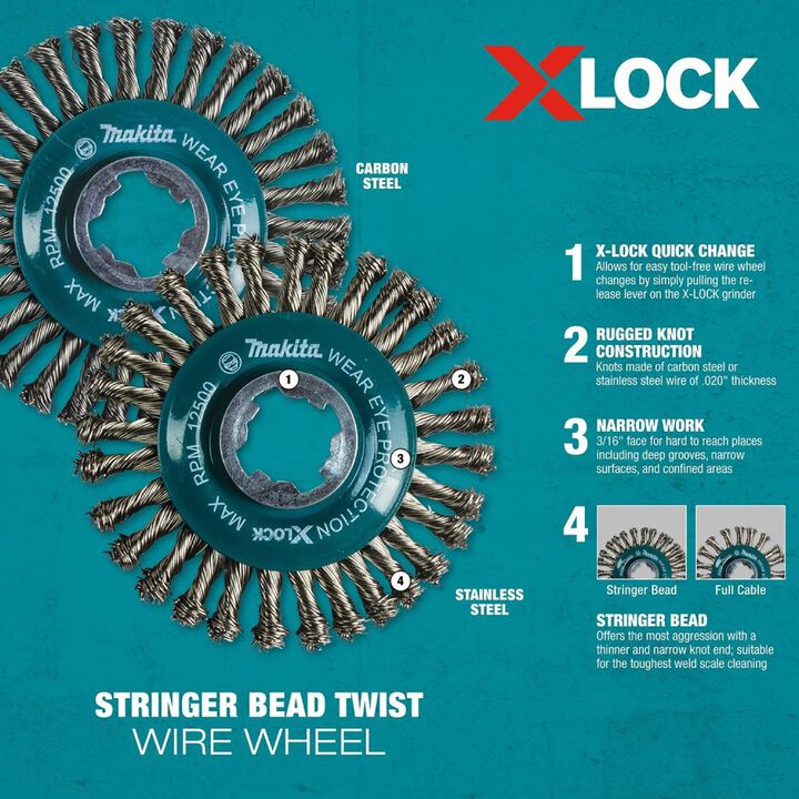 Makita X-LOCK 4-1/2in Stainless Steel Stringer Bead Twist Wire Wheel, large image number 2