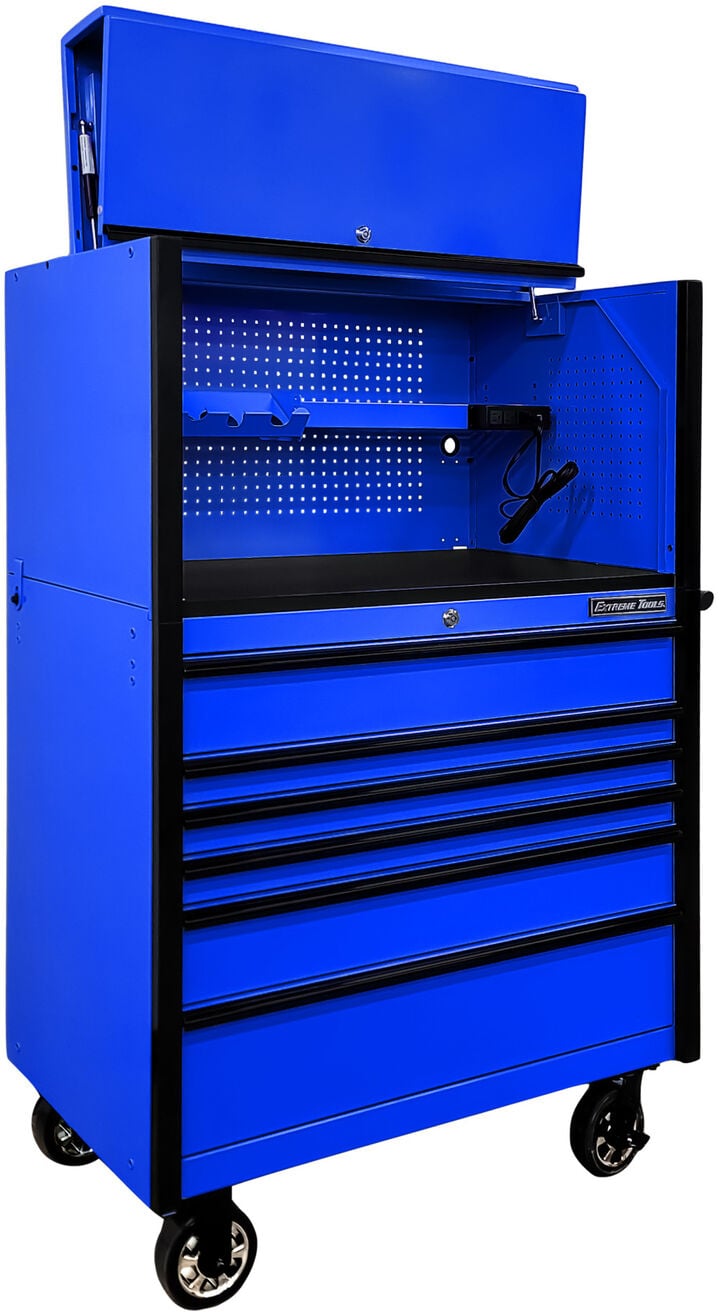 Extreme Tools DX Series 41 Inch W x 25 Inch D Extreme Power Workstation Hutch and 6 Drawer Roller Cabinet Blue with Black Handles and Trim, large image number 5