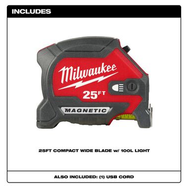 Milwaukee 25ft Wide Blade Magnetic Tape Measure with 100L Light, large image number 2
