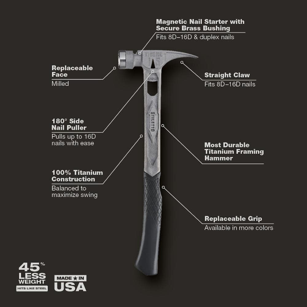 Stiletto TIBONE 15oz Milled Curved Titanium Framing Hammer TIB15MC