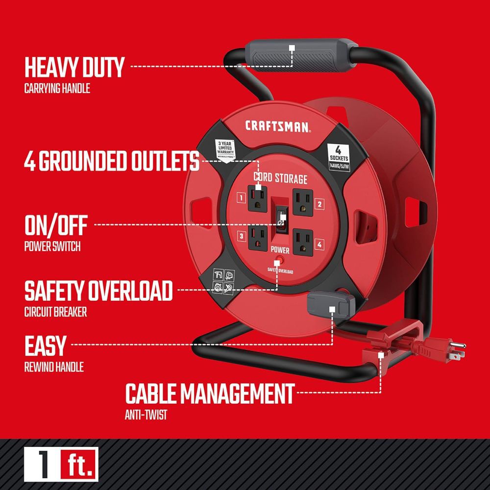 CRAFTSMAN 1 Foot Retractable Extension Cord Reel with 4 Outlets, large image number 2