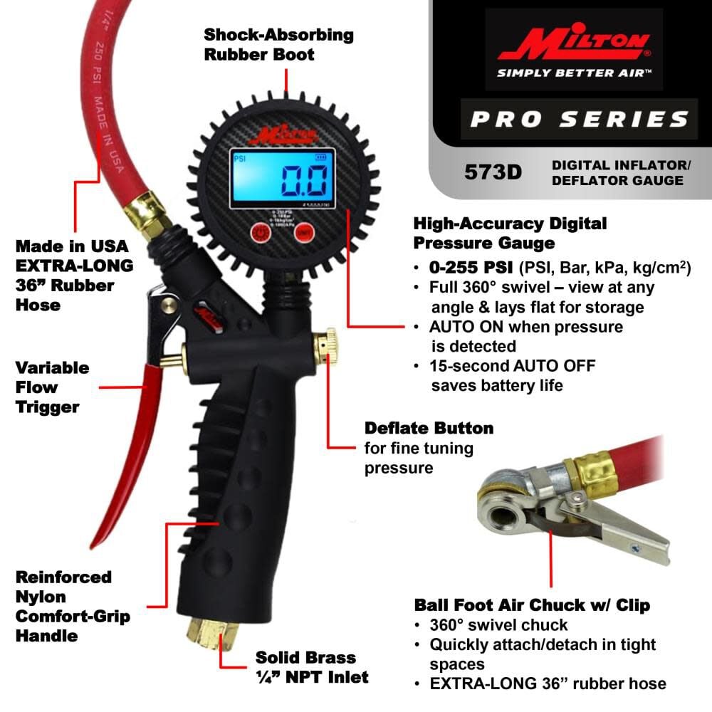 Milton 573D Pro Digital Pistol Grip Inflator Gauge - 36in Hose and Ball Chuck with Clip - 255 PSI, large image number 3