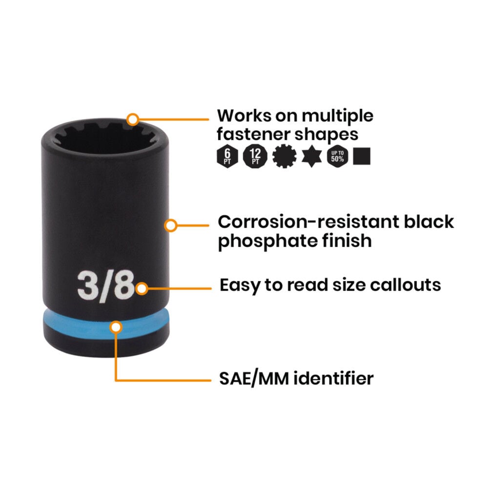 Spyder 3/8 Inch Drive SAE Impact Socket Set with Adapter, 10 Pieces, large image number 4