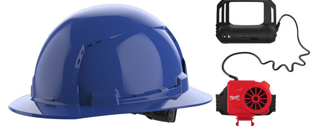 Milwaukee BOLT Blue Full Brim Vented Hard Hat with 6pt Ratcheting Suspension Type 1 Class C & USB Cooling Fan Bundle, large image number 1