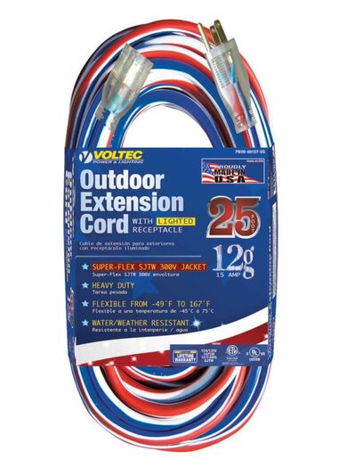 Voltec Extension Cord 25' 12/3 SJTW Red/White/Blue with Lighted End