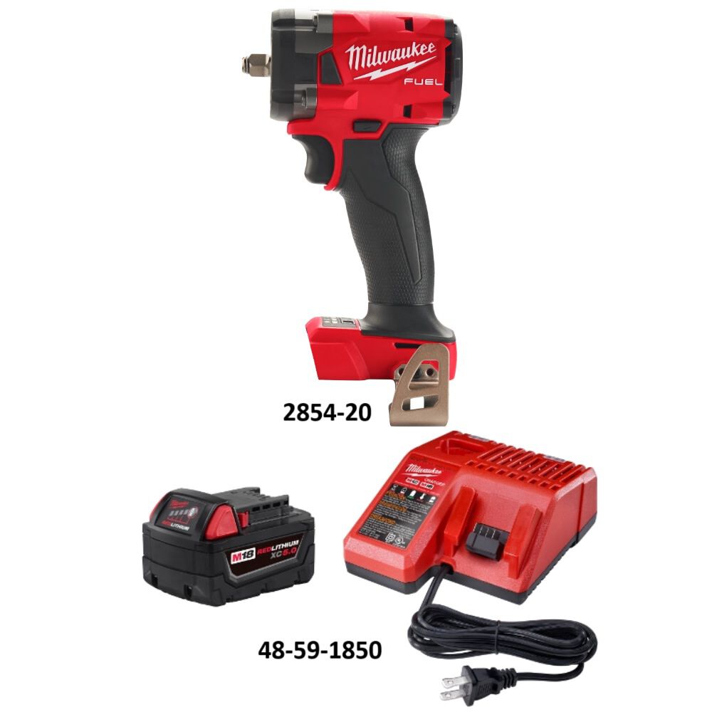 Milwaukee M18 Fuel 3/8 Inch Compact Impact Wrench and XC5.0 Starter Kit Bundle, large image number 2