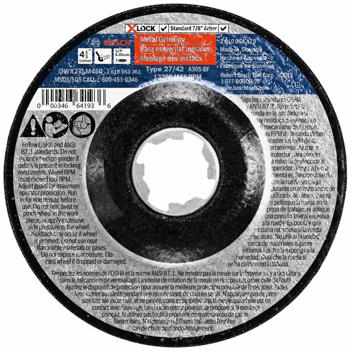 Bosch 4-1/2 Inch x 1/4 Inch X-LOCK Arbor Type 27 30 Grit Metal Grinding Abrasive Wheel