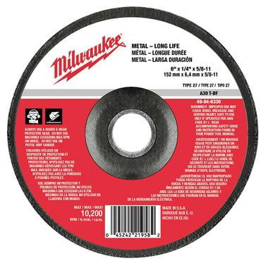 Milwaukee 6 in. x 1/4 in. x 5/8-11 in. Grinding Wheel (Type 27), large image number 0