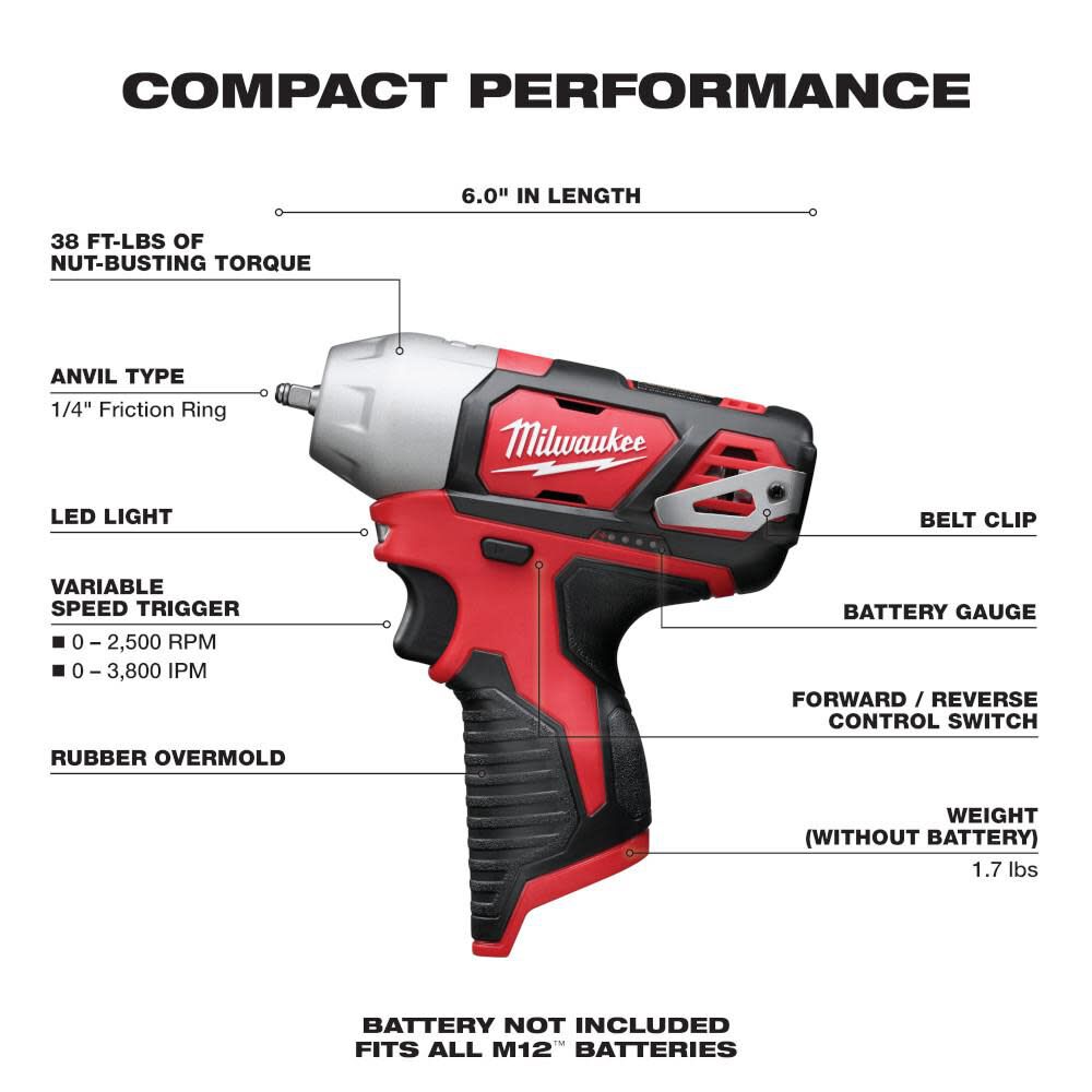 Milwaukee 2461-20 M12 1/4 Impact Wrench – Bare Tool, Refurbished With 1-Year Warranty