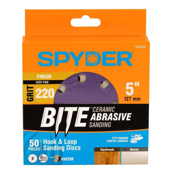 Spyder 220 Grit Ceramic Sanding Discs, 5 Inch 8-Hole Hook & Loop 50 Pieces